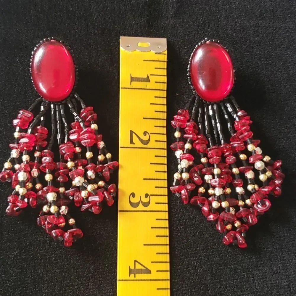 Western Fringe Red n Black Studded Earrings - Picture 5 of 7